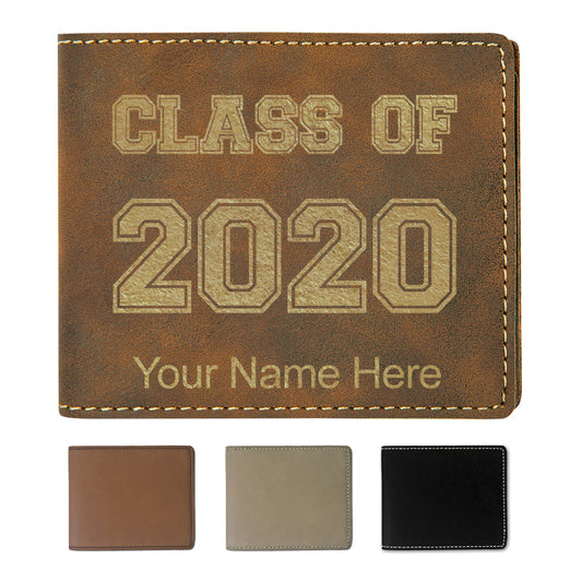 Faux Leather Bi-Fold Wallet, Class of 2020, 2021, 2022, 2023 2024, 2025, Personalized Engraving Included