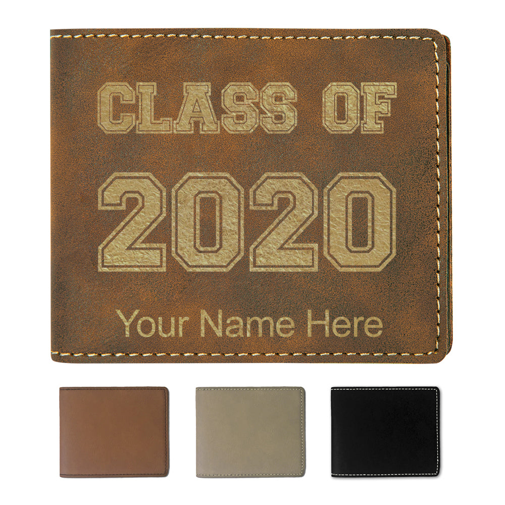 Faux Leather Bi-Fold Wallet, Class of 2020, 2021, 2022, 2023 2024, 2025, Personalized Engraving Included