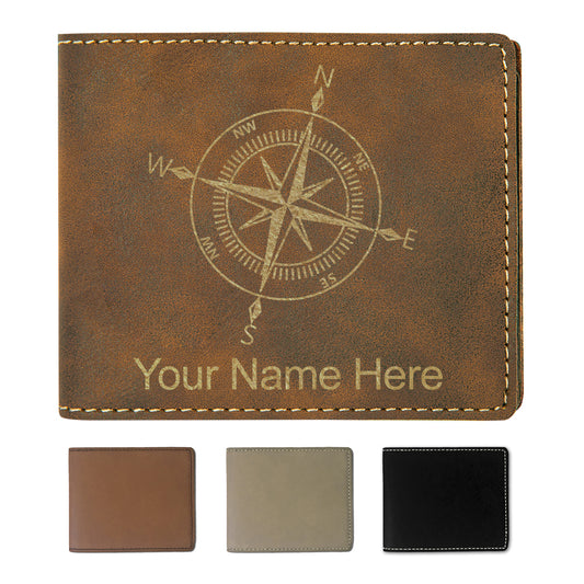 Faux Leather Bi-Fold Wallet, Compass Rose, Personalized Engraving Included