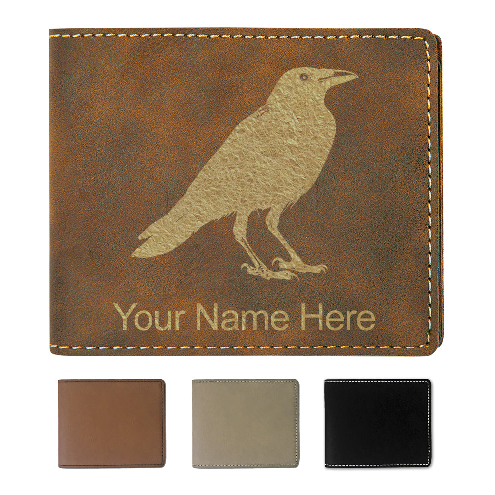 Faux Leather Bi-Fold Wallet, Crow, Personalized Engraving Included