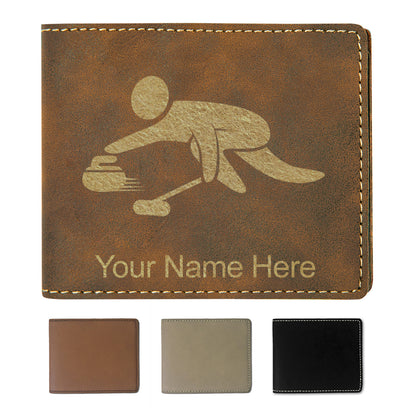 Faux Leather Bi-Fold Wallet, Curling Figure, Personalized Engraving Included
