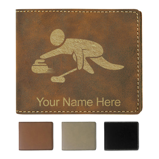 Faux Leather Bi-Fold Wallet, Curling Figure, Personalized Engraving Included
