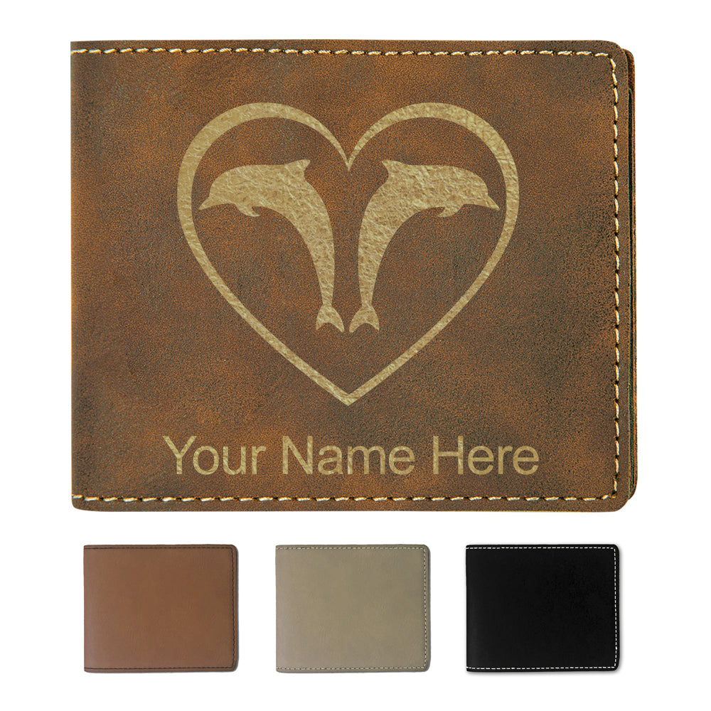 Faux Leather Bi-Fold Wallet, Dolphin Heart, Personalized Engraving Included