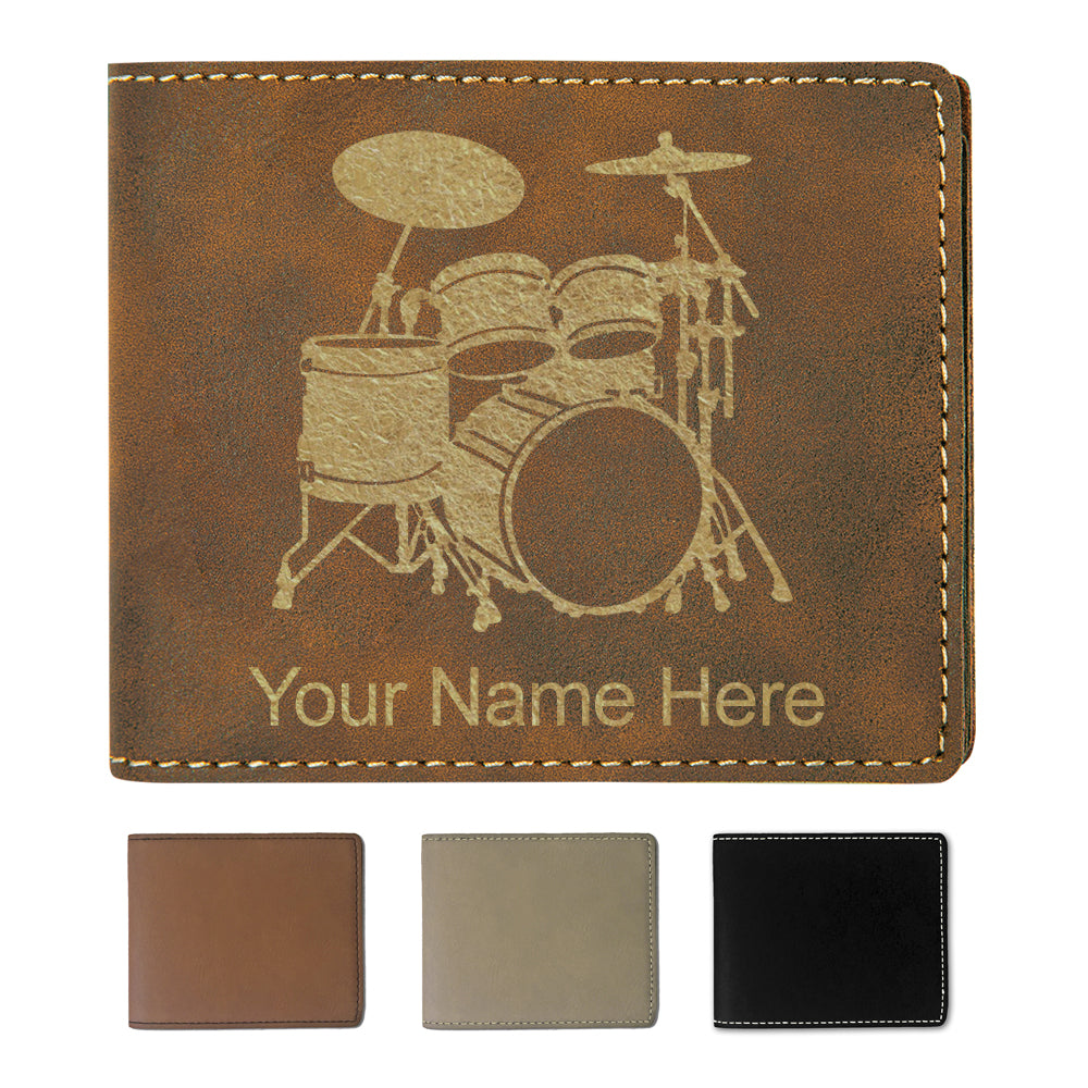 Faux Leather Bi-Fold Wallet, Drum Set, Personalized Engraving Included