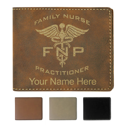 Faux Leather Bi-Fold Wallet, FNP Family Nurse Practitioner, Personalized Engraving Included