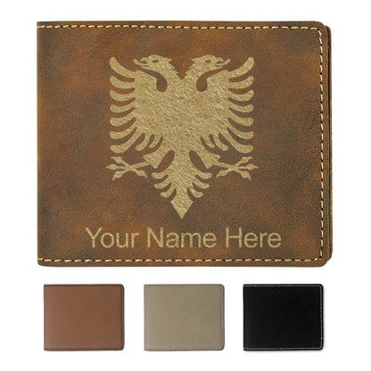 Faux Leather Bi-Fold Wallet, Flag of Albania, Personalized Engraving Included