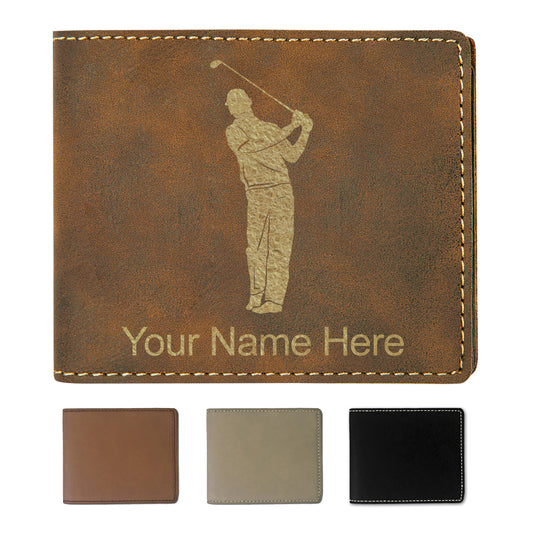 Faux Leather Bi-Fold Wallet, Golfer, Personalized Engraving Included