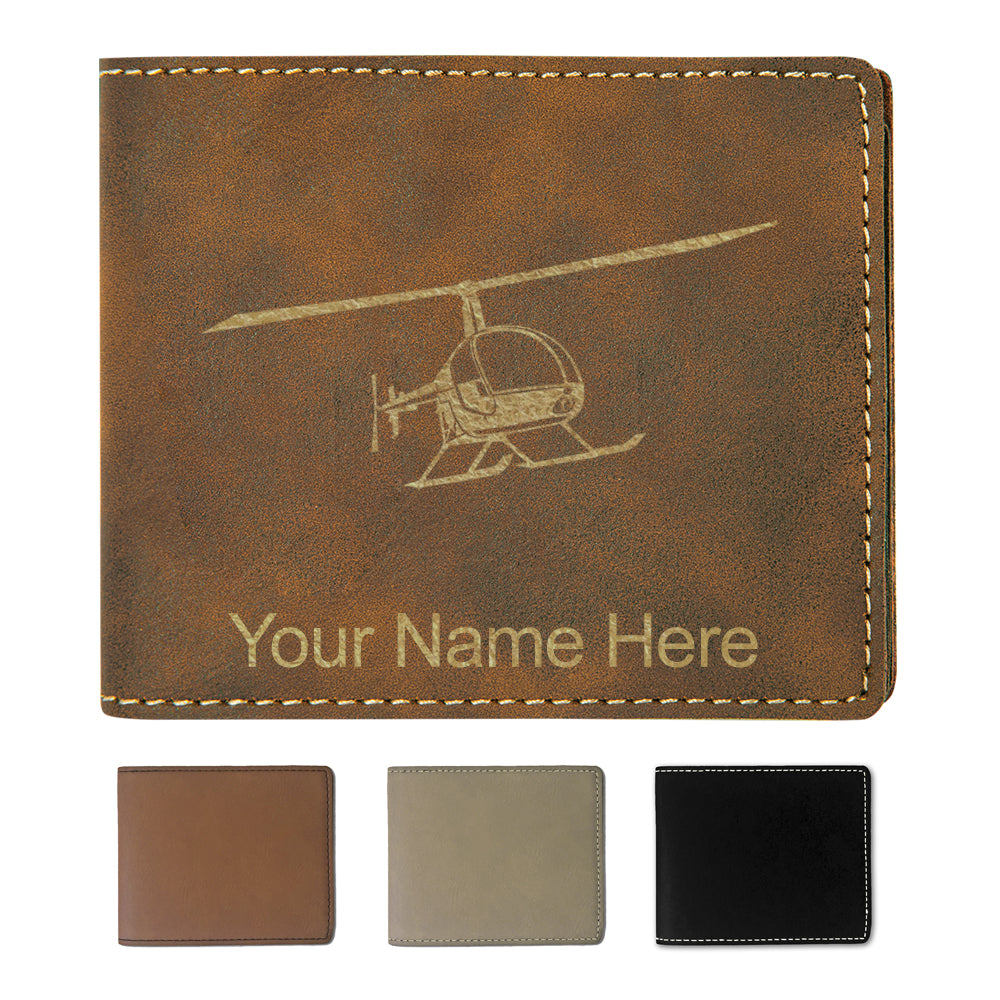 Faux Leather Bi-Fold Wallet, Helicopter 2, Personalized Engraving Included
