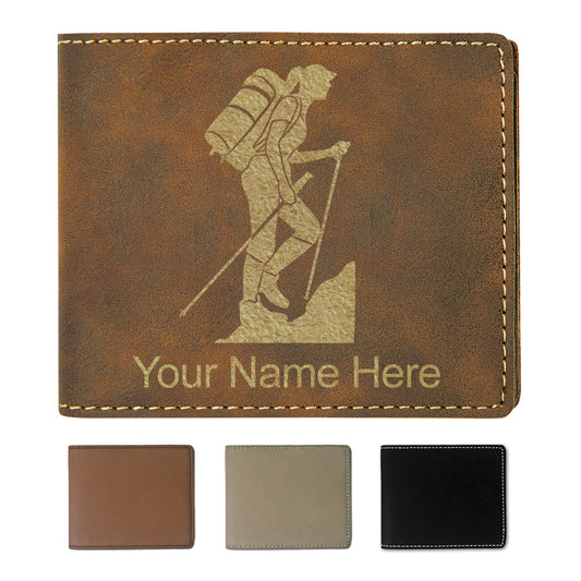 Faux Leather Bi-Fold Wallet, Hiker Woman, Personalized Engraving Included