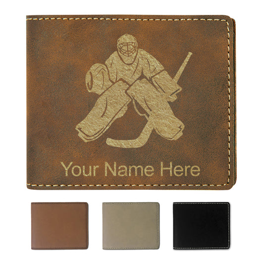 Faux Leather Bi-Fold Wallet, Hockey Goalie, Personalized Engraving Included