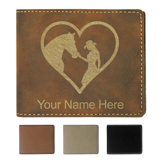 Faux Leather Bi-Fold Wallet, Horse Cowgirl Heart, Personalized Engraving Included