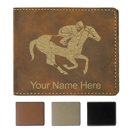 Faux Leather Bi-Fold Wallet, Horse Racing, Personalized Engraving Included