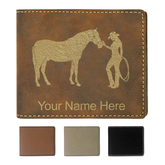 Faux Leather Bi-Fold Wallet, Horse and Cowgirl, Personalized Engraving Included