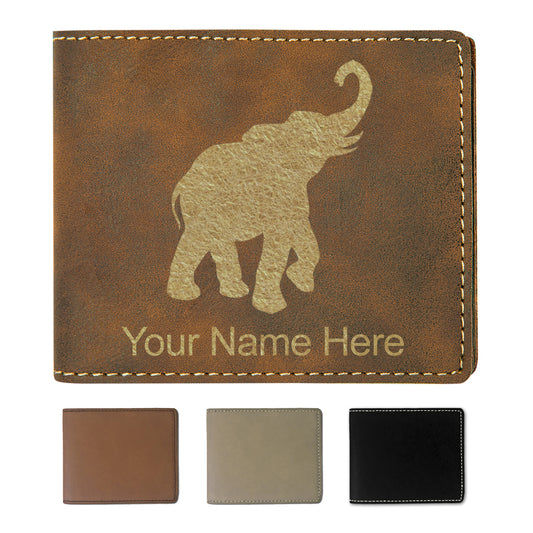 Faux Leather Bi-Fold Wallet, Indian Elephant, Personalized Engraving Included