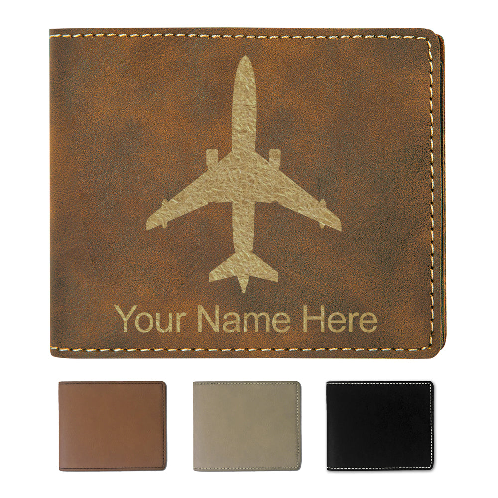 Faux Leather Bi-Fold Wallet, Jet Airplane, Personalized Engraving Included