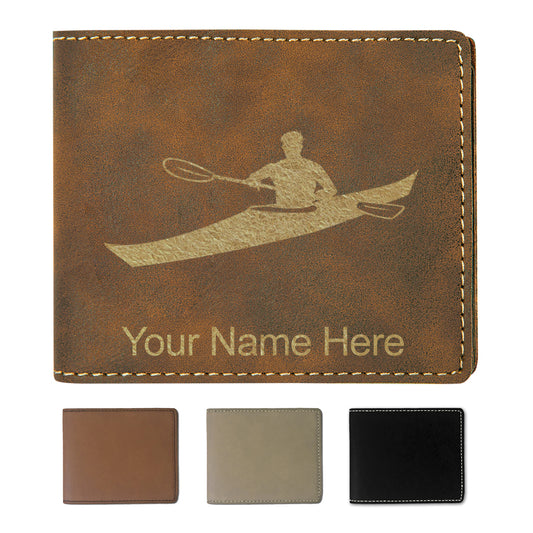 Faux Leather Bi-Fold Wallet, Kayak Man, Personalized Engraving Included