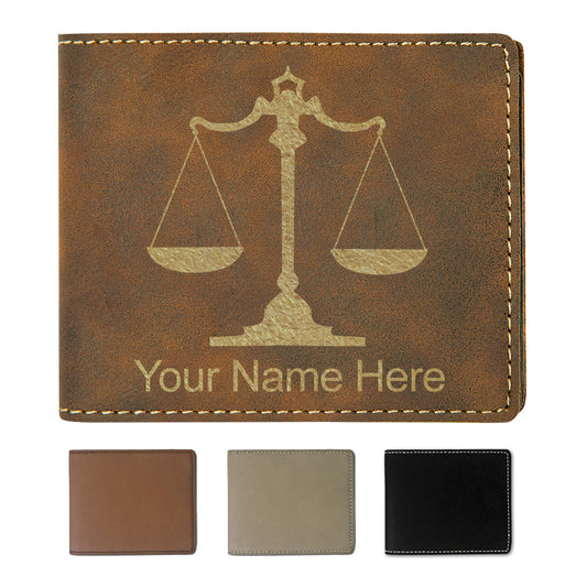 Faux Leather Bi-Fold Wallet, Law Scale, Personalized Engraving Included