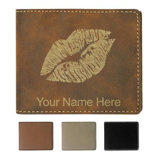 Faux Leather Bi-Fold Wallet, Lipstick Kiss, Personalized Engraving Included