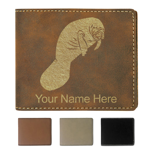 Faux Leather Bi-Fold Wallet, Manatee, Personalized Engraving Included