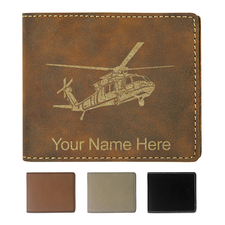 Faux Leather Bi-Fold Wallet, Military Helicopter 1, Personalized Engraving Included