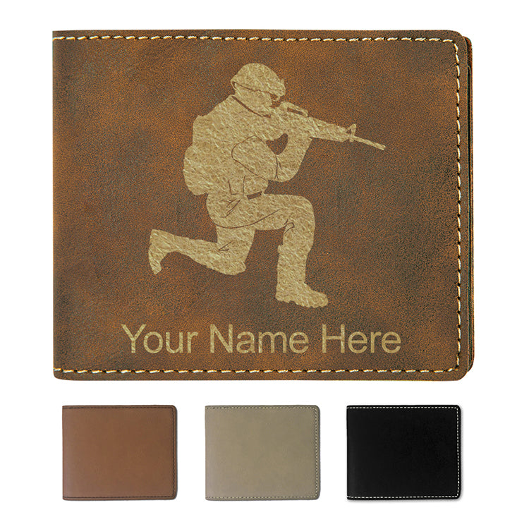 Faux Leather Bi-Fold Wallet, Military Soldier, Personalized Engraving Included