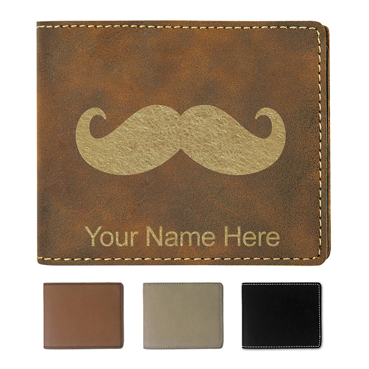 Faux Leather Bi-Fold Wallet, Mustache, Personalized Engraving Included