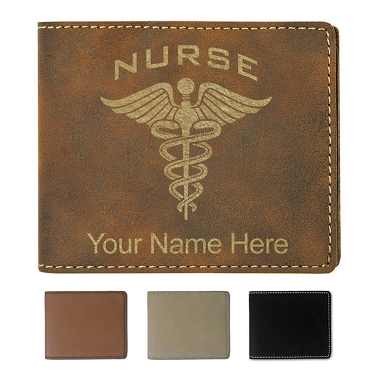 Faux Leather Bi-Fold Wallet, Nurse, Personalized Engraving Included