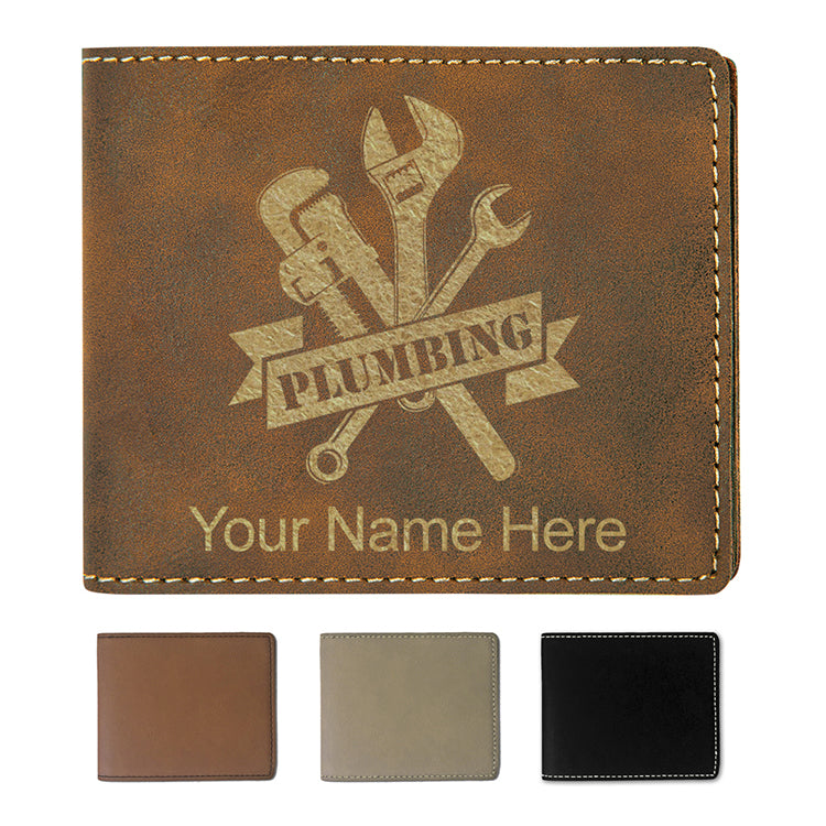 Faux Leather Bi-Fold Wallet, Plumbing, Personalized Engraving Included