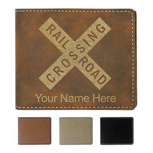 Faux Leather Bi-Fold Wallet, Railroad Crossing Sign 1, Personalized Engraving Included