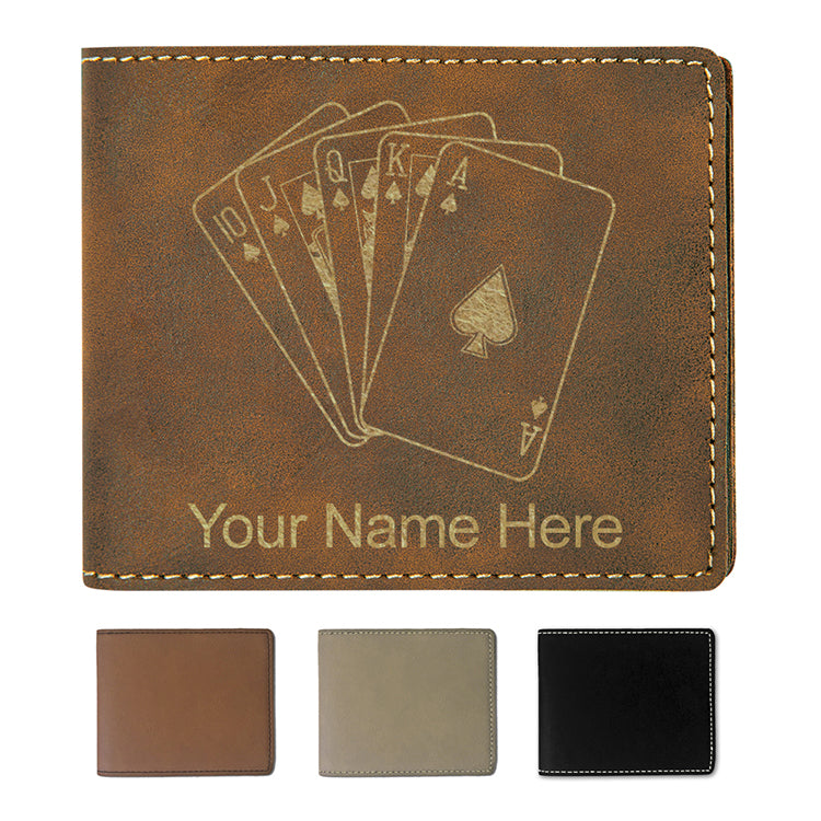 Faux Leather Bi-Fold Wallet, Royal Flush Poker Cards, Personalized Engraving Included