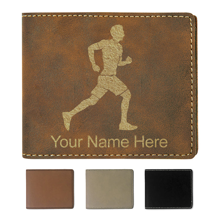 Faux Leather Bi-Fold Wallet, Running Man, Personalized Engraving Included