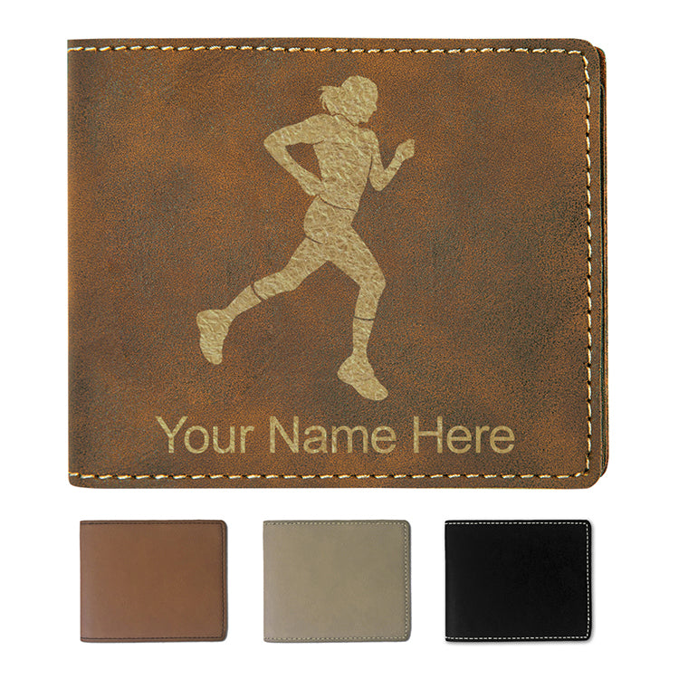 Faux Leather Bi-Fold Wallet, Running Woman, Personalized Engraving Included