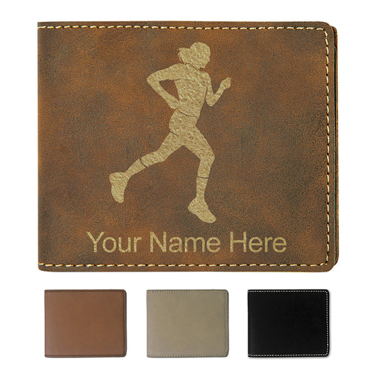 Faux Leather Bi-Fold Wallet, Running Woman, Personalized Engraving Included