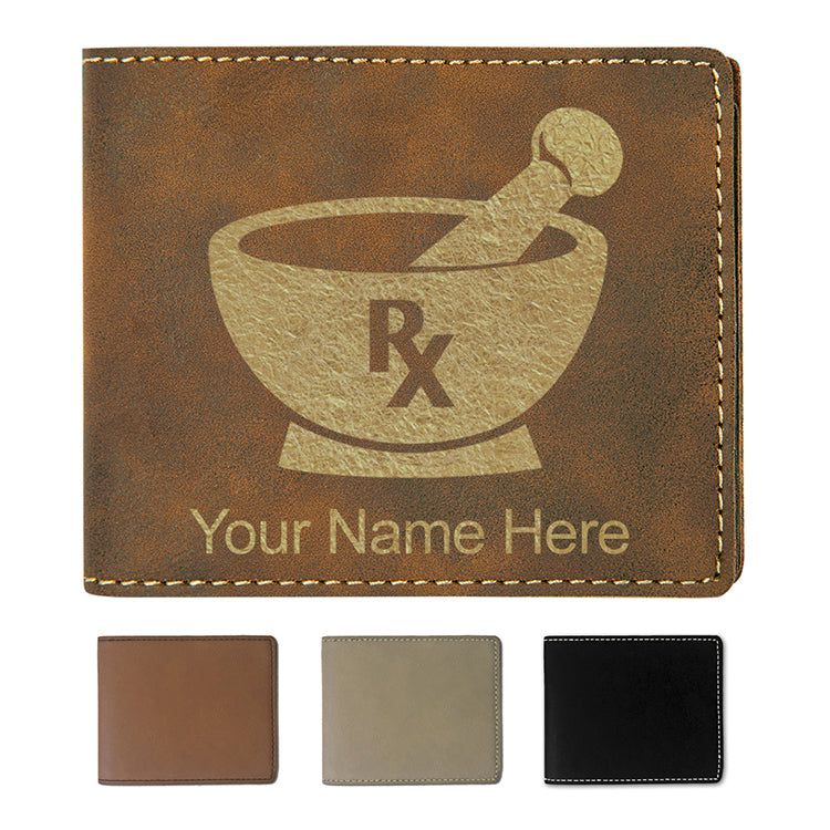 Faux Leather Bi-Fold Wallet, Rx Pharmacy Symbol, Personalized Engraving Included