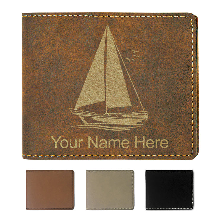 Faux Leather Bi-Fold Wallet, Sailboat, Personalized Engraving Included