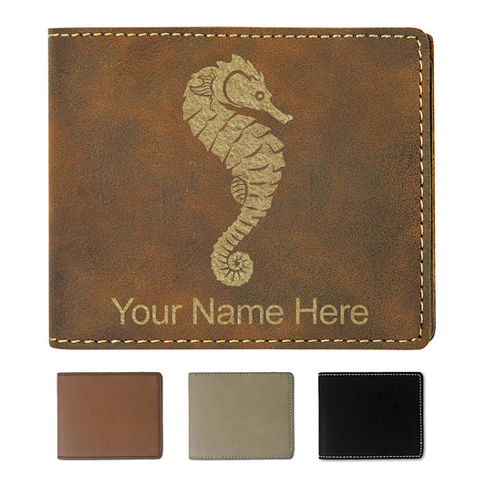 Faux Leather Bi-Fold Wallet, Seahorse, Personalized Engraving Included