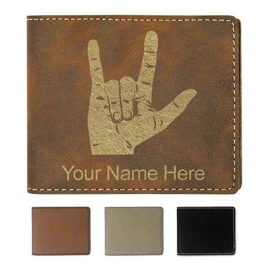 Faux Leather Bi-Fold Wallet, Sign Language I Love You, Personalized Engraving Included