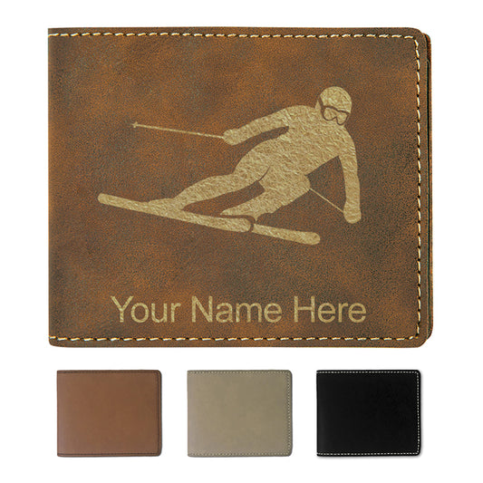 Faux Leather Bi-Fold Wallet, Skier Downhill, Personalized Engraving Included