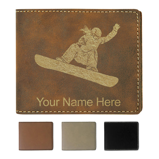 Faux Leather Bi-Fold Wallet, Snowboarder Woman, Personalized Engraving Included