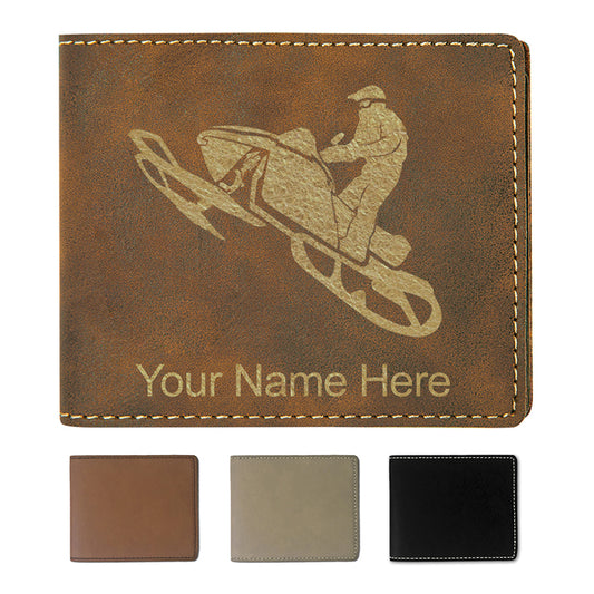 Faux Leather Bi-Fold Wallet, Snowmobile, Personalized Engraving Included