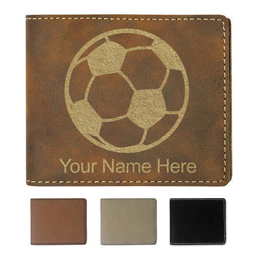 Faux Leather Bi-Fold Wallet, Soccer Ball, Personalized Engraving Included