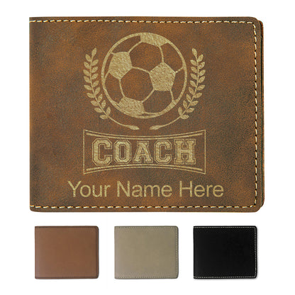Faux Leather Bi-Fold Wallet, Soccer Coach, Personalized Engraving Included