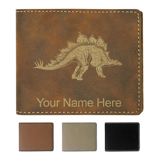 Faux Leather Bi-Fold Wallet, Stegosaurus Dinosaur, Personalized Engraving Included