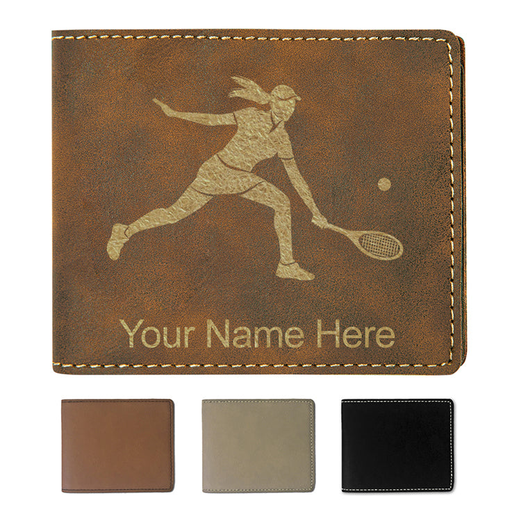 Faux Leather Bi-Fold Wallet, Tennis Player Woman, Personalized Engraving Included