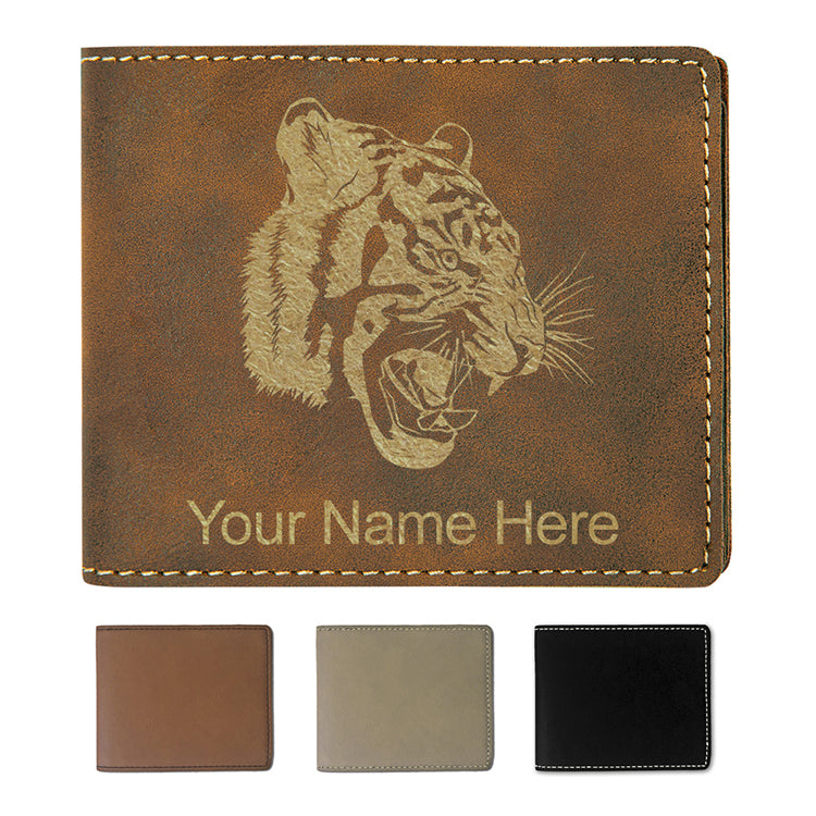 Faux Leather Bi-Fold Wallet, Tiger Head, Personalized Engraving Included