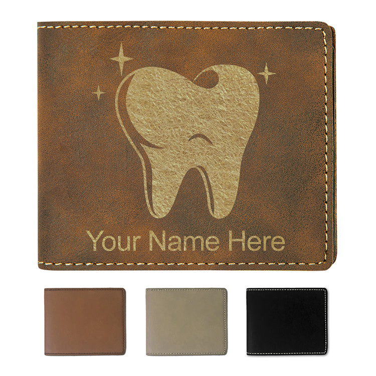 Faux Leather Bi-Fold Wallet, Tooth, Personalized Engraving Included