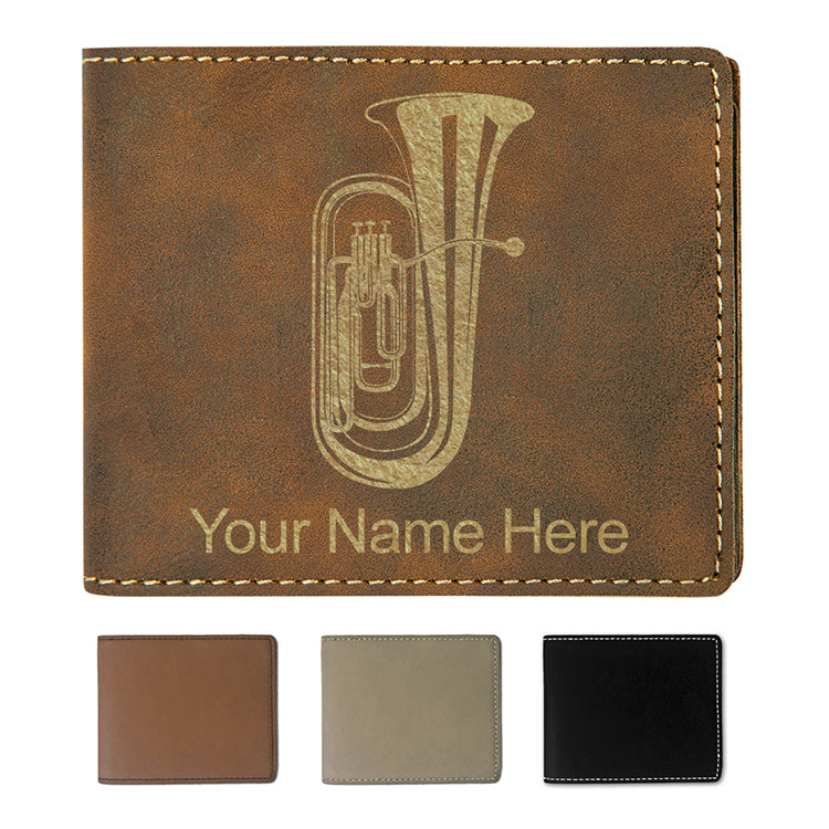 Faux Leather Bi-Fold Wallet, Tuba, Personalized Engraving Included