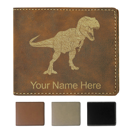 Faux Leather Bi-Fold Wallet, Tyrannosaurus Rex Dinosaur, Personalized Engraving Included