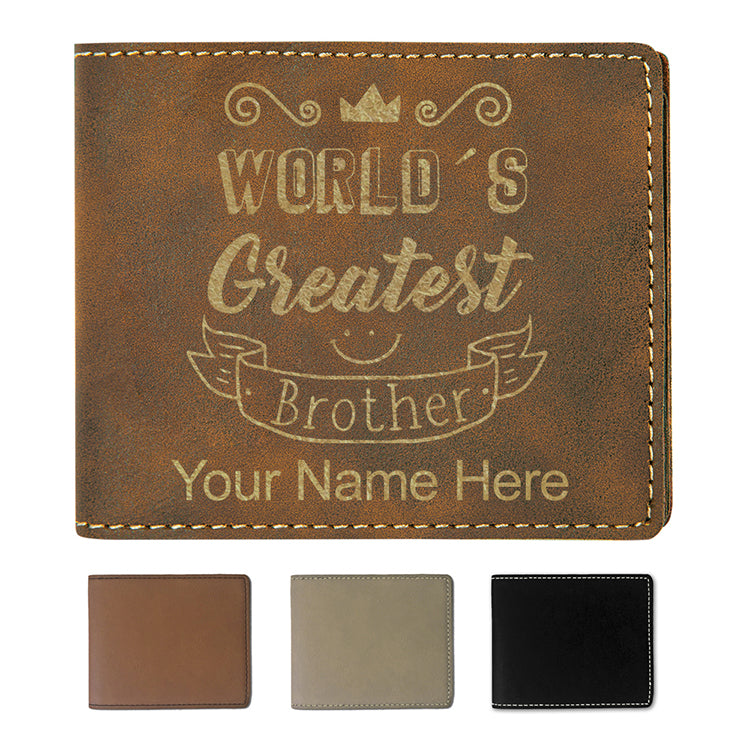 Faux Leather Bi-Fold Wallet, World's Greatest Brother, Personalized Engraving Included