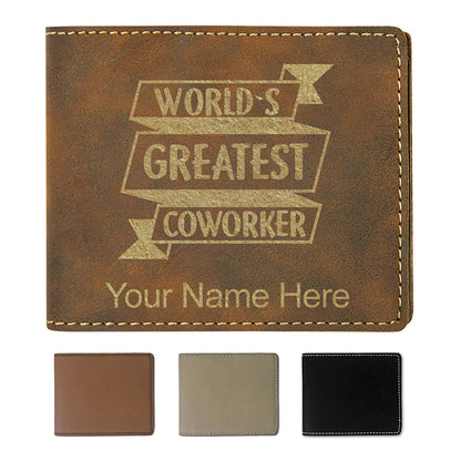 Faux Leather Bi-Fold Wallet, World's Greatest Coworker, Personalized Engraving Included
